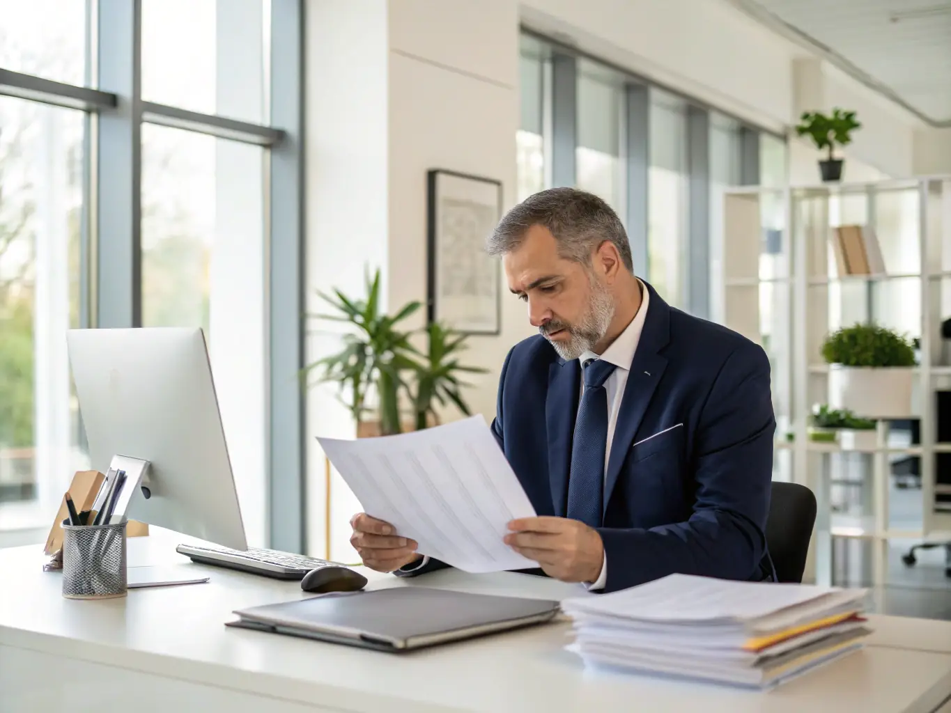 A professional lawyer in a suit, reviewing a thick document with various regulatory compliance stamps, symbolizing FirmLex Advisors' meticulous approach to legal standards.