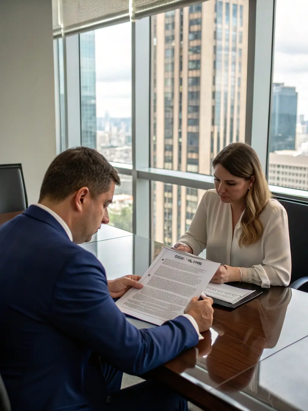 An image of a lawyer advising a business owner on corporate governance, with a focus on ethical and legal business practices.