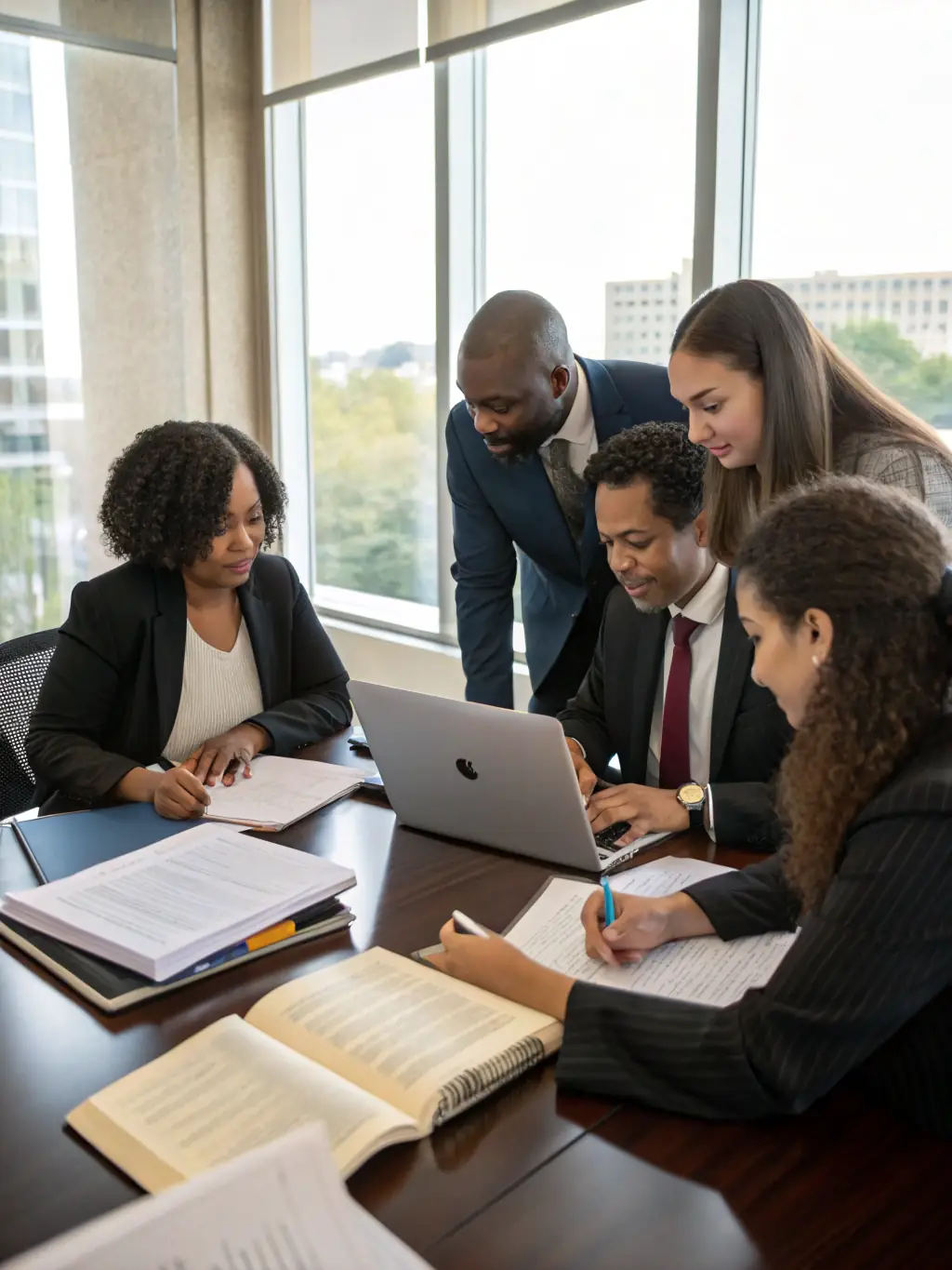 A diverse team of lawyers collaborating around a table, discussing strategy and legal options, highlighting the firm's collaborative approach.