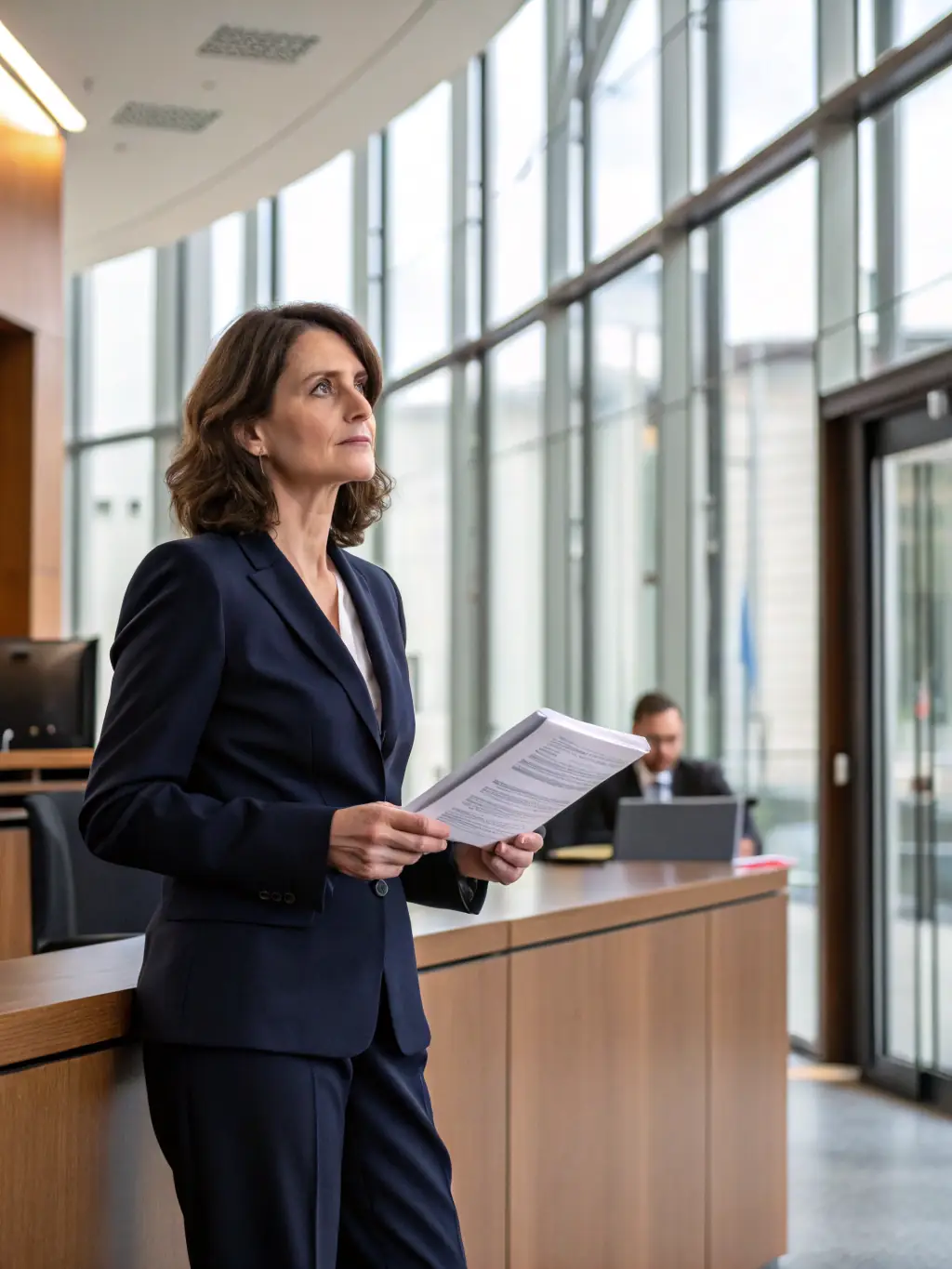 A professional lawyer in a suit confidently addressing a judge and jury in a modern courtroom setting, emphasizing the firm's courtroom prowess.