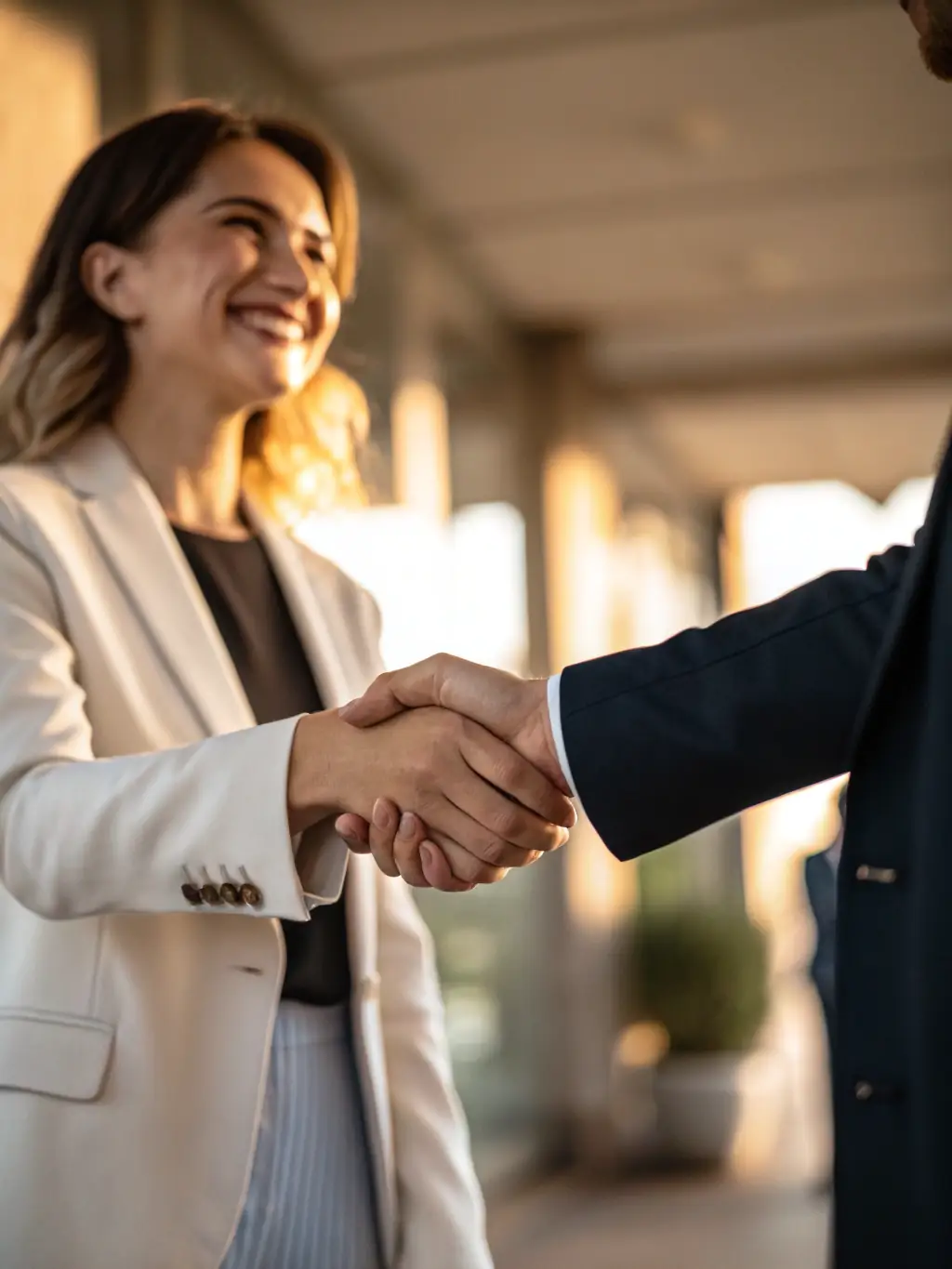 A handshake between a lawyer and a business client, symbolizing trust, partnership, and a commitment to protecting the client's interests.
