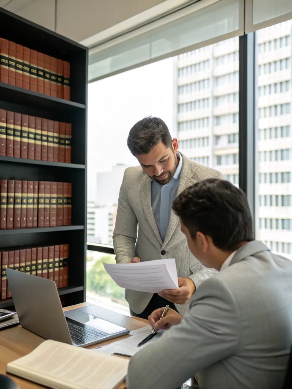A professional lawyer in a suit, confidently advising a client in a modern office setting, symbolizing FirmLex Advisors' commitment to expert legal guidance.