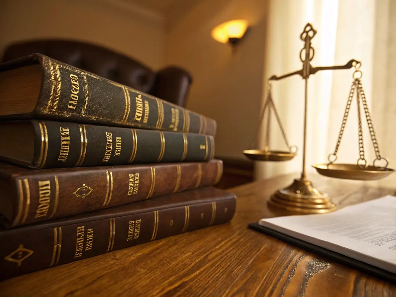 A gavel and legal books on a polished wooden desk, representing the firm's dedication to upholding justice and providing sound legal advice.
