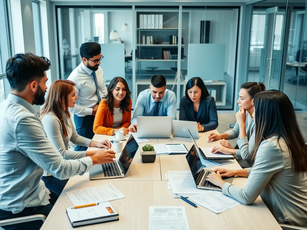 A diverse team of legal professionals collaborating in a modern office, showcasing FirmLex Advisors' collaborative approach to regulatory compliance and legal strategy.