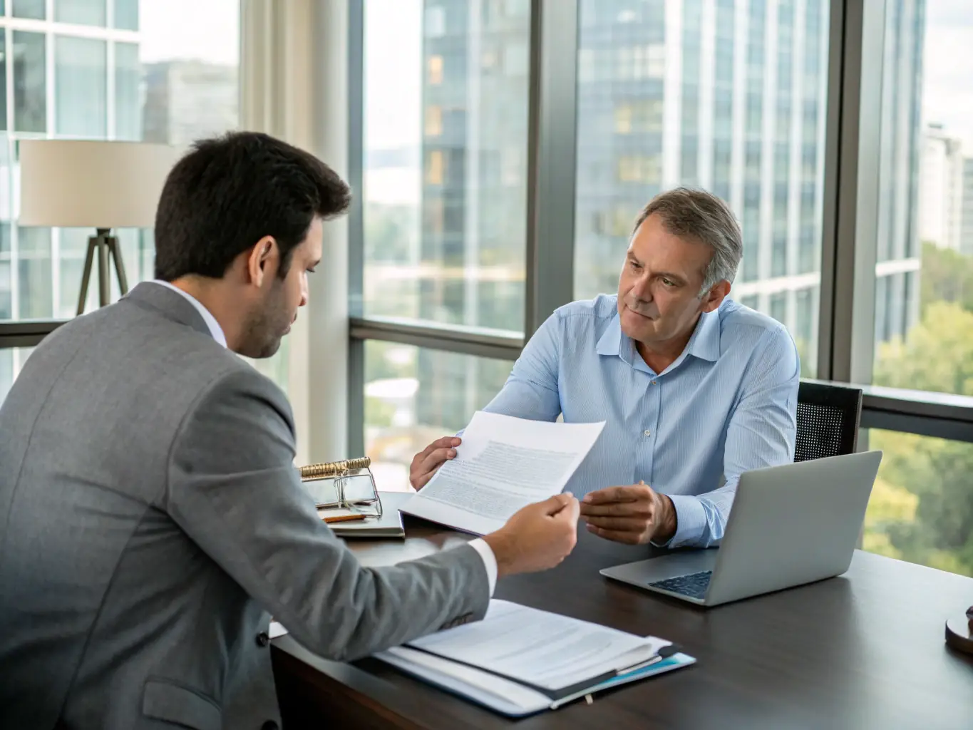 A senior FirmLex Advisors lawyer presenting a legal strategy to a client in a professional setting, using visual aids to explain complex concepts.