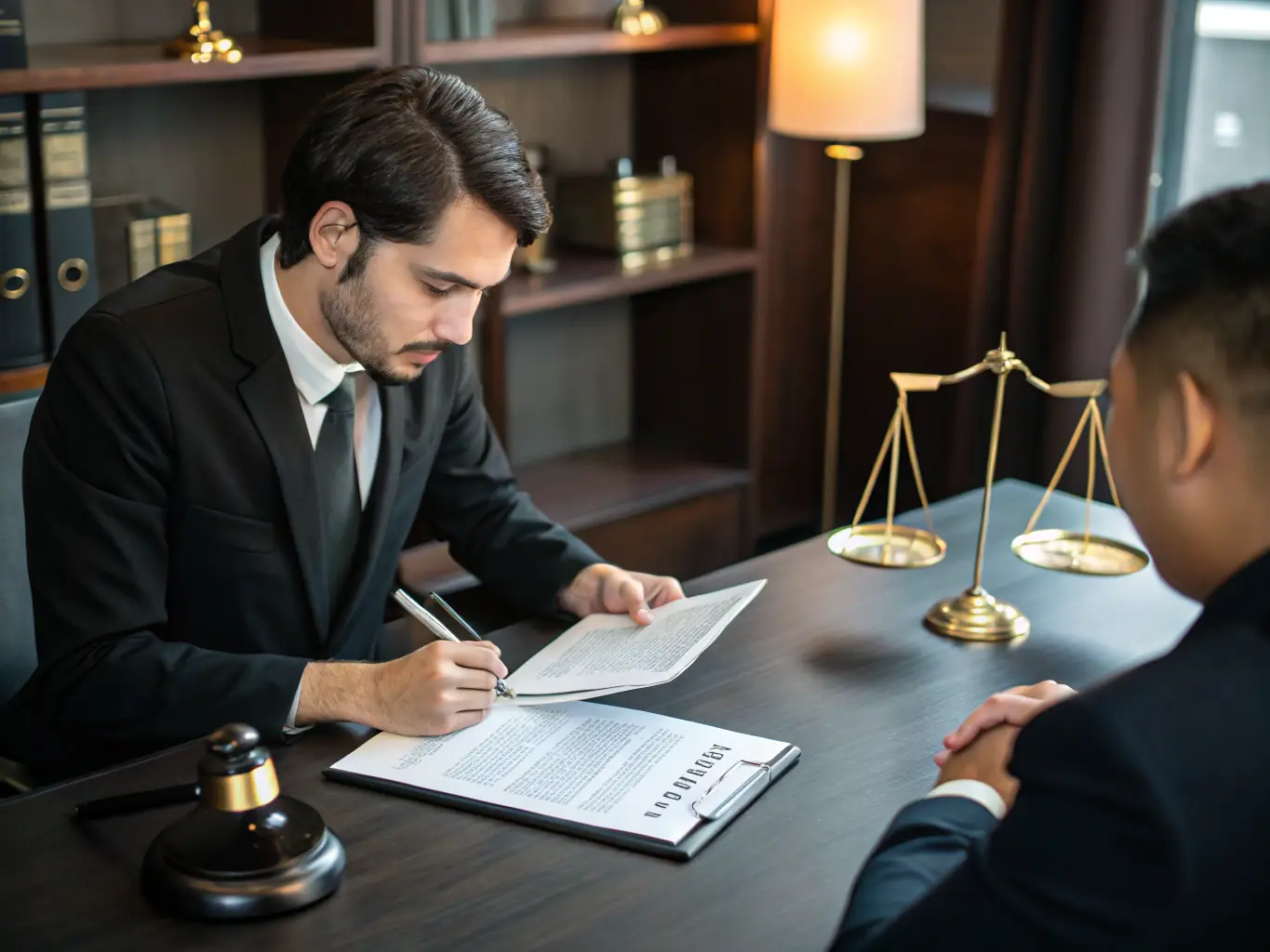 A professional lawyer in a modern office setting, reviewing a contract with a client, showcasing the firm's commitment to personalized legal service.