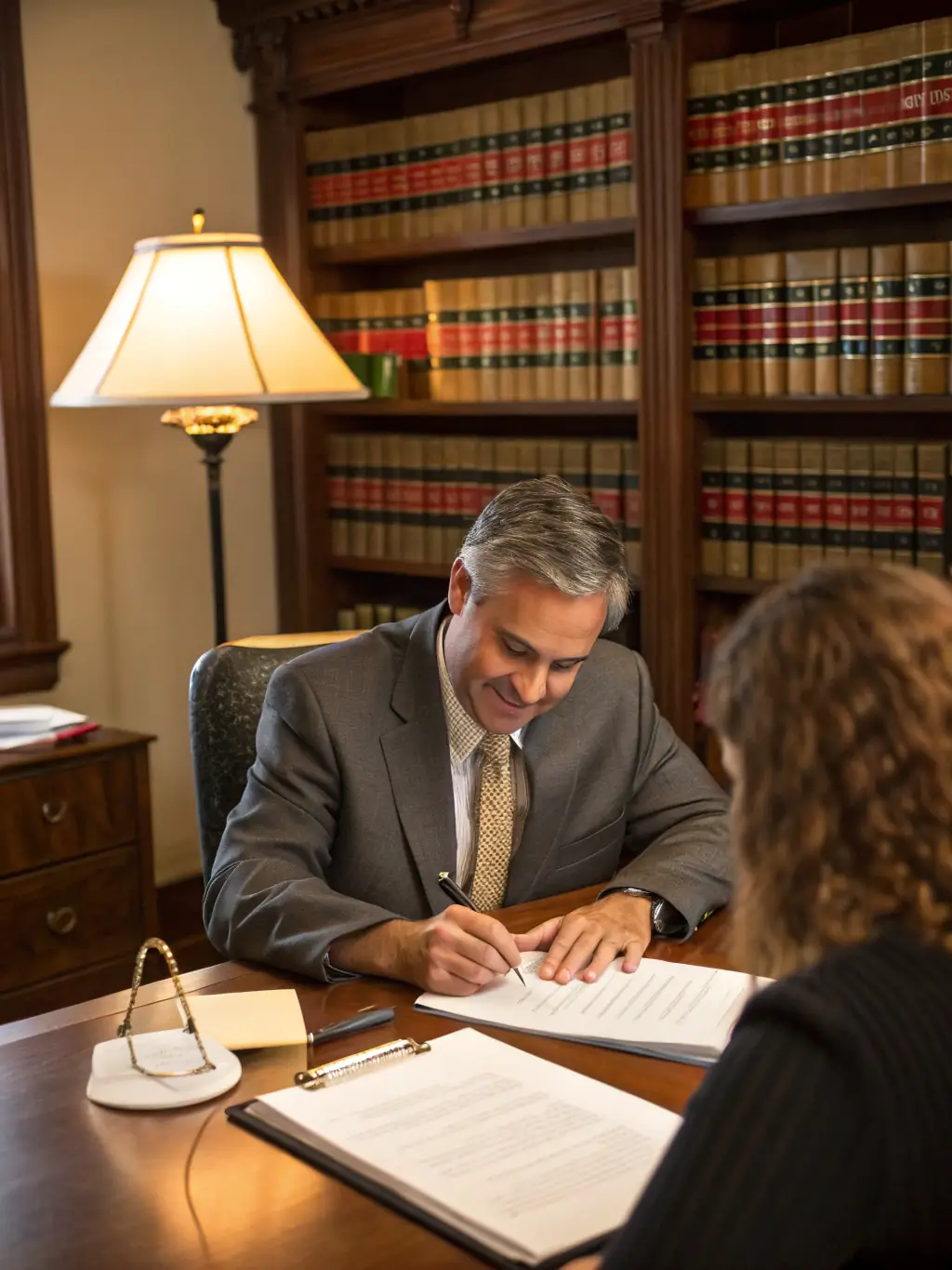 An image of a lawyer advising a client on regulatory compliance, with a focus on legal codes and regulations.