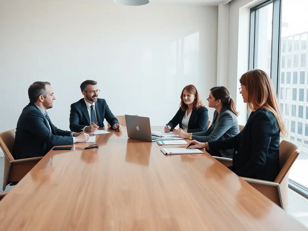 A diverse team of FirmLex Advisors lawyers collaborating in a modern office, reviewing legal documents and discussing strategy around a conference table.